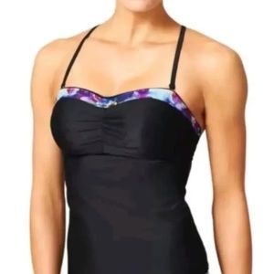 Athleta Black Tankini Swim Top 36B/C Floral Trim Strappy Racerback Underwire